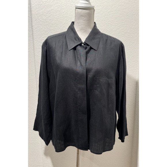 Isabella Bird Linen Collared Black Shirt Boxy Women's L/XL? Chest 52" 3/4 Sleeve - Picture 1 of 9